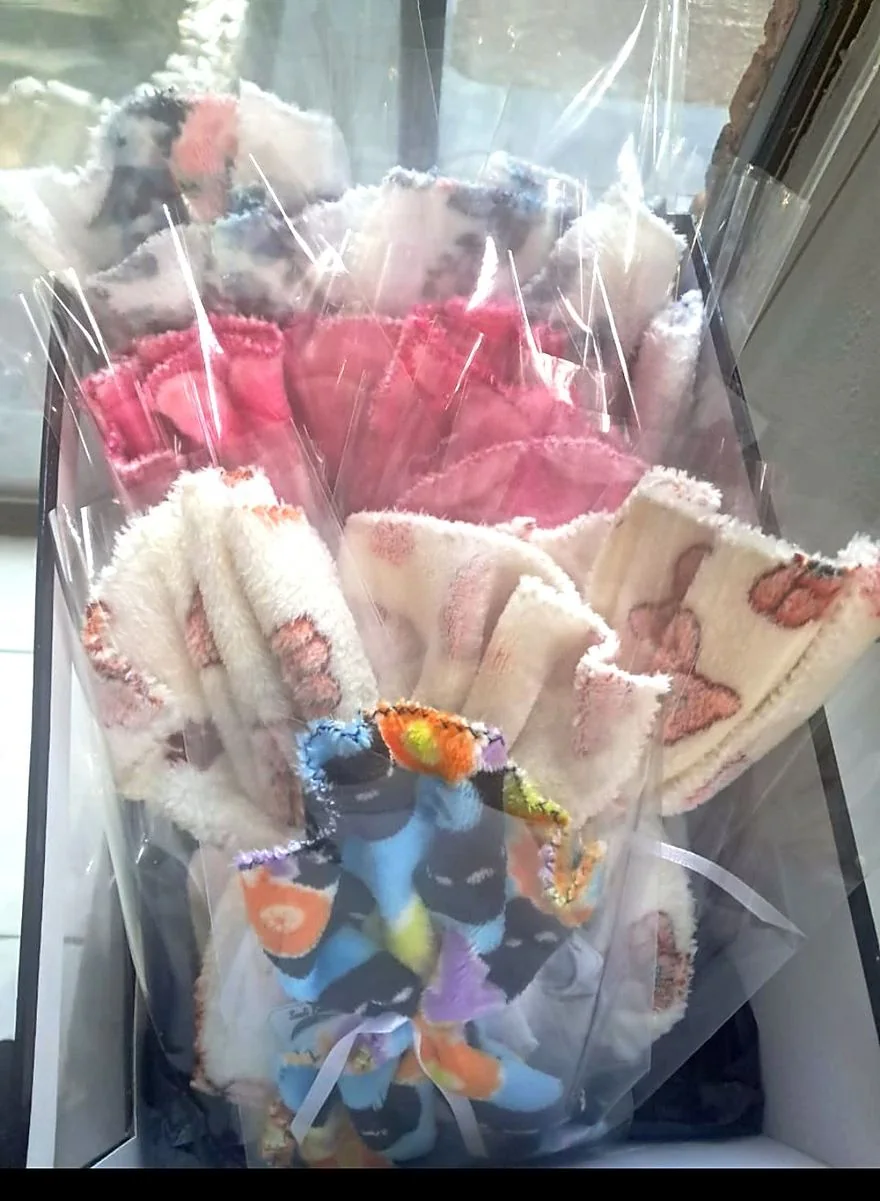 Gift-wrapped fluffy bath buddies